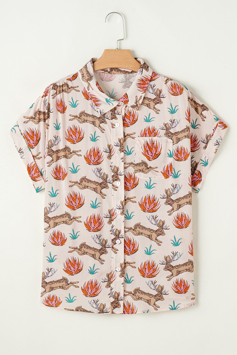 Khaki Plus Size Western Pattern Print Buttoned Short Sleeve Shirt BB Fashion Outlet