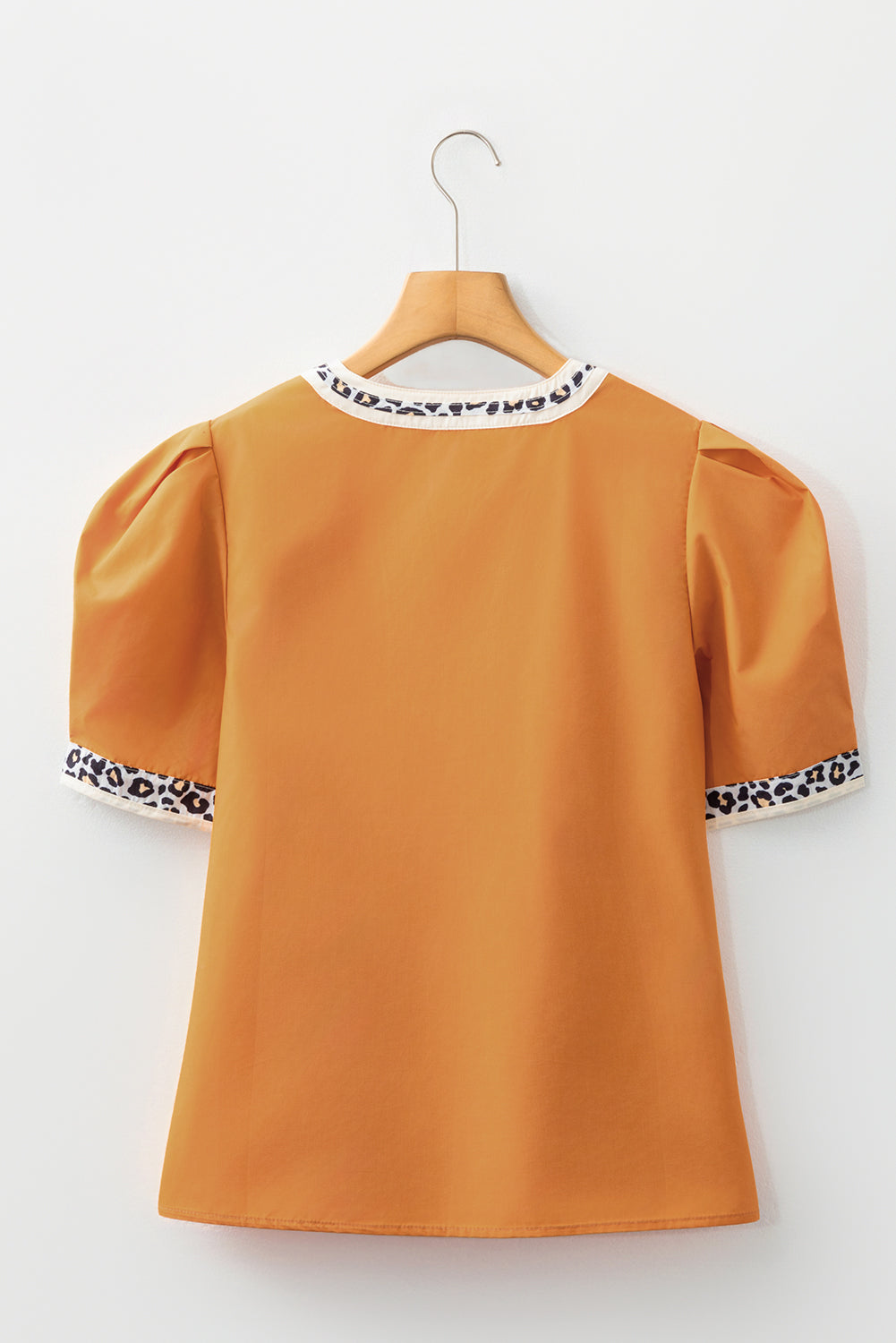Contrast Leopard Trim Split Neck Puff Sleeve Blouse - eAura