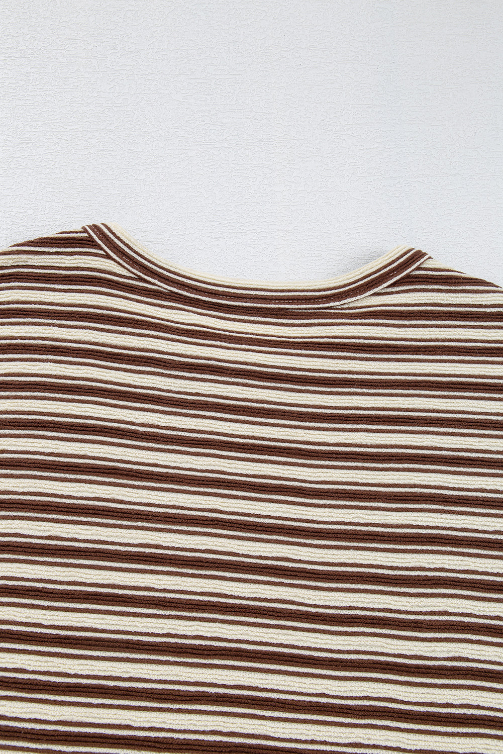 Brown Stripe Textured Side Slits Crew Neck T Shirt eAura