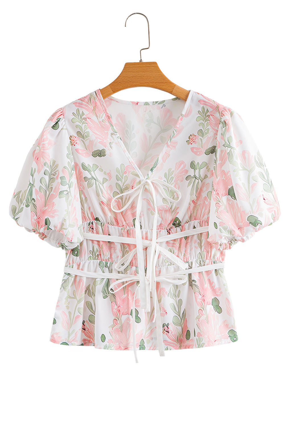 Pink Floral Puff Sleeve V Neck Tied Front Peplum Blouse eAura