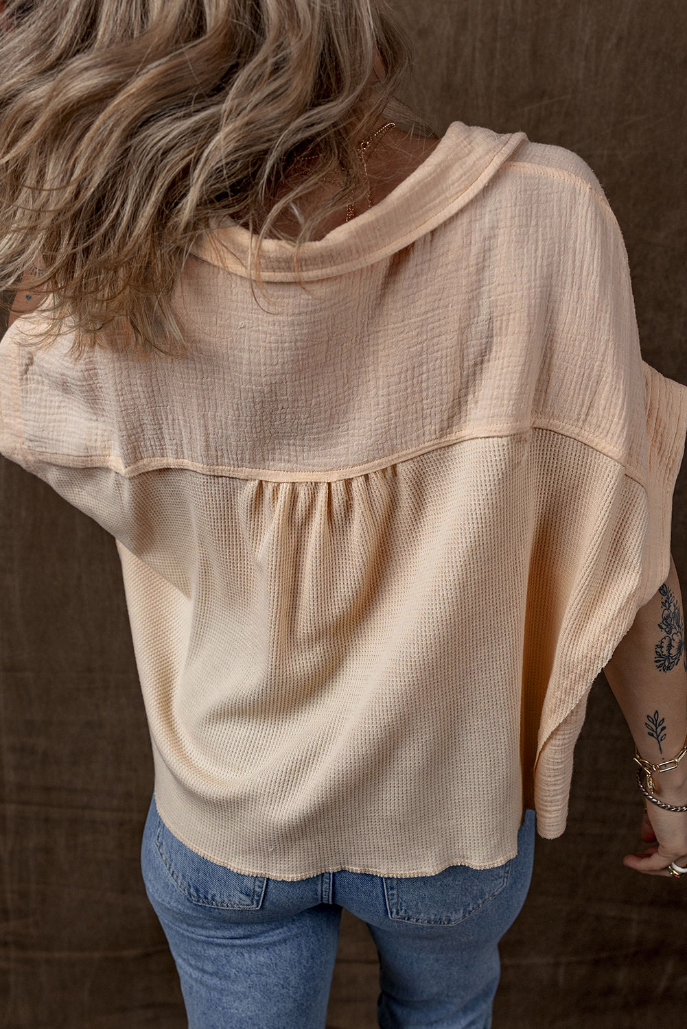 Beige Waffle Short Batwing Sleeve Flap Detail Wide Shirt eAura