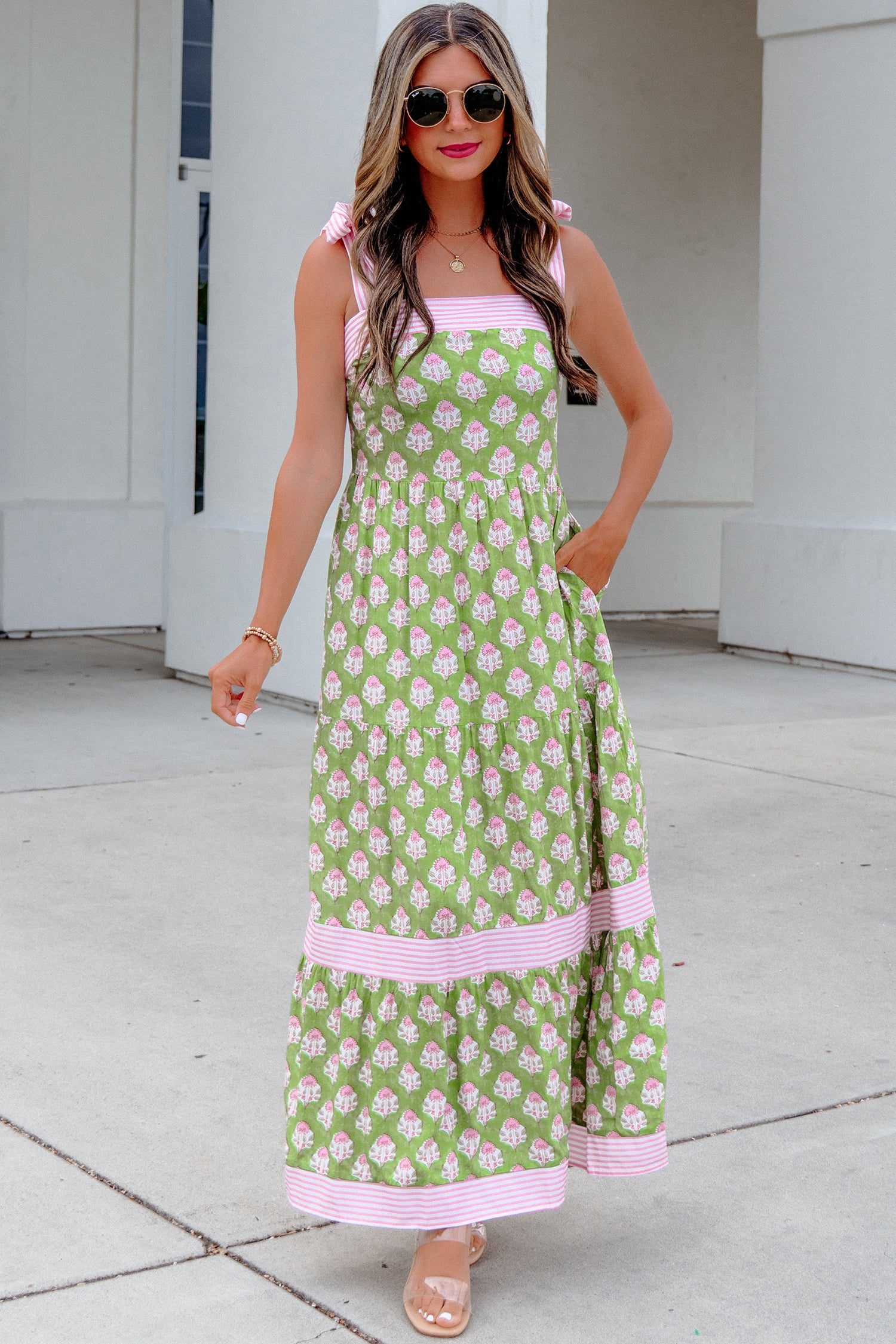 Floral Print Striped Knot Strap Maxi Dress – Green