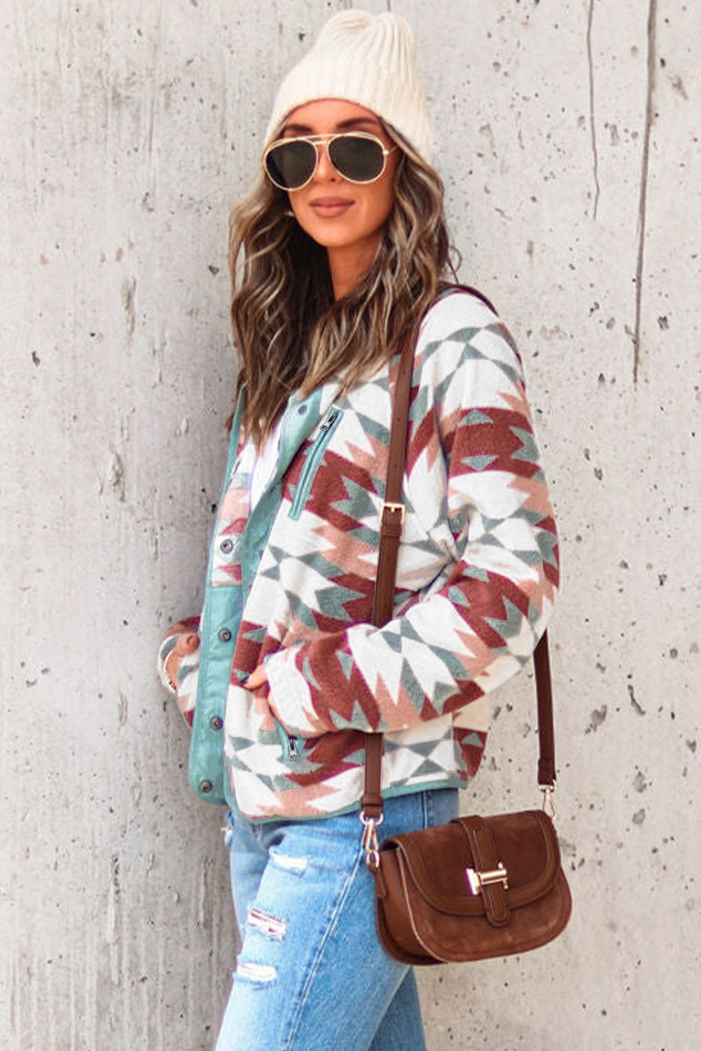 Fiery Red Western Aztec Buttoned Zipper Pockets Fleece Jacket eAura