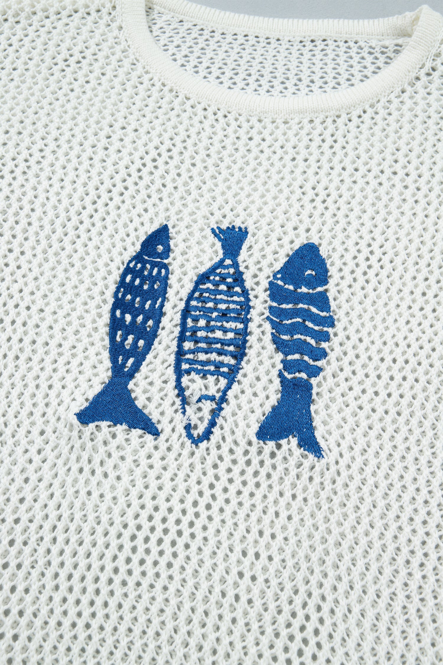 Open Knit Fish Embroidered Casual Sweater – White