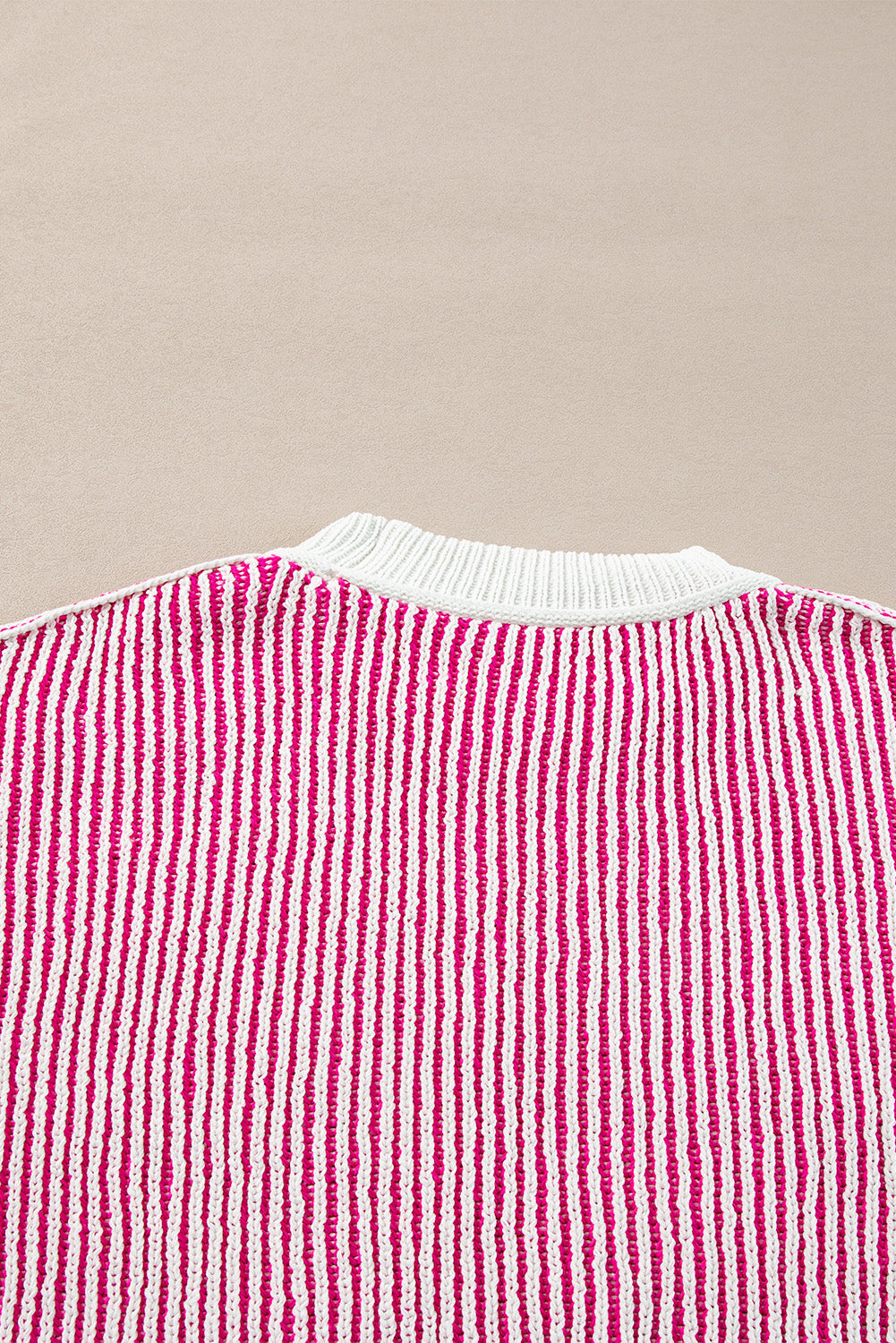 Bright Pink Striped Textured Knit Contrast Edge Loose Sweater eAura