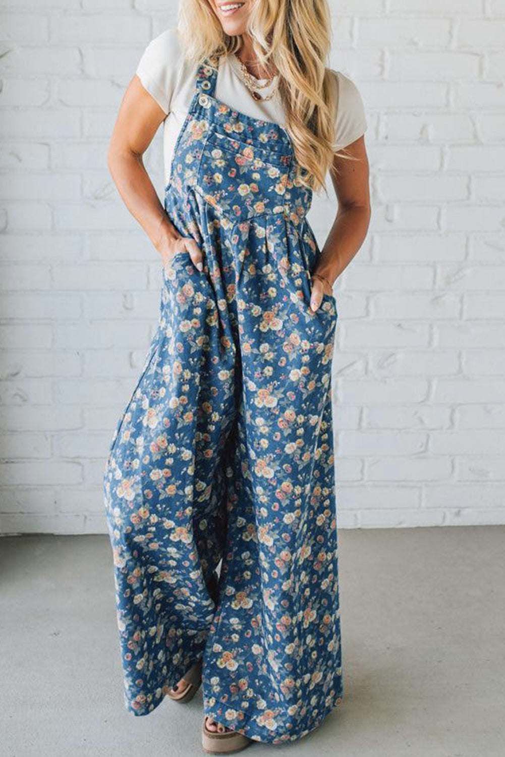 Blue Vintage Rose Printed Pleated Loose Denim Jumpsuit Dungarees