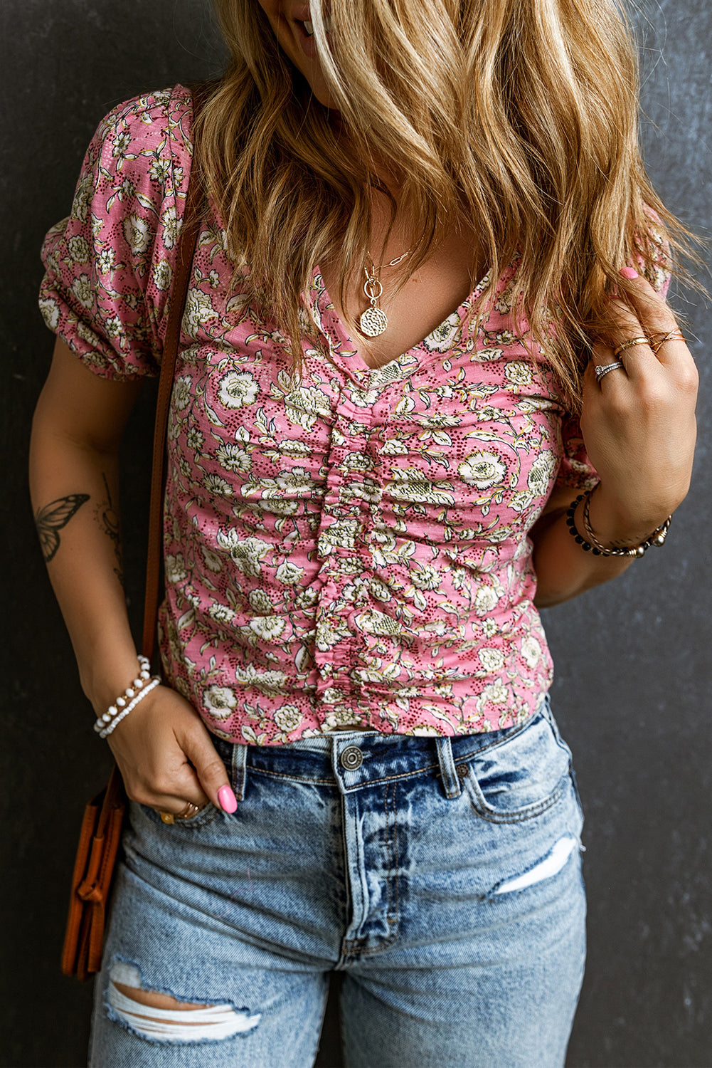 Pink Floral Short Puff Sleeve V Neck Ruched Blouse eAura