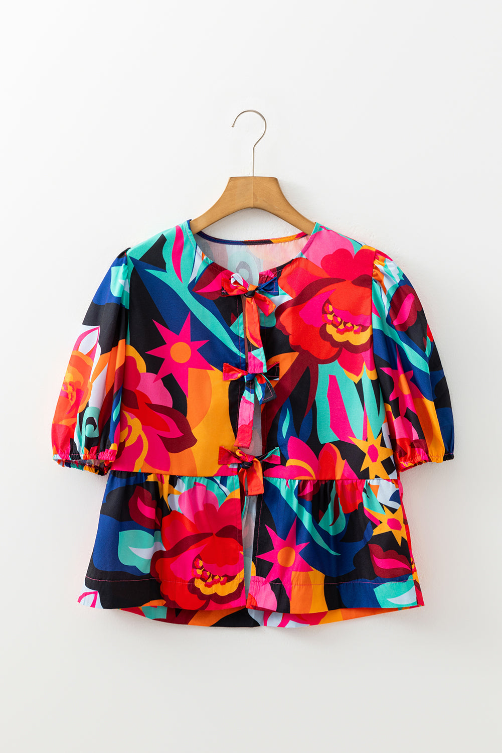 Abstract Floral Print Front Tied Puff Sleeve Babydoll Blouse - eAura