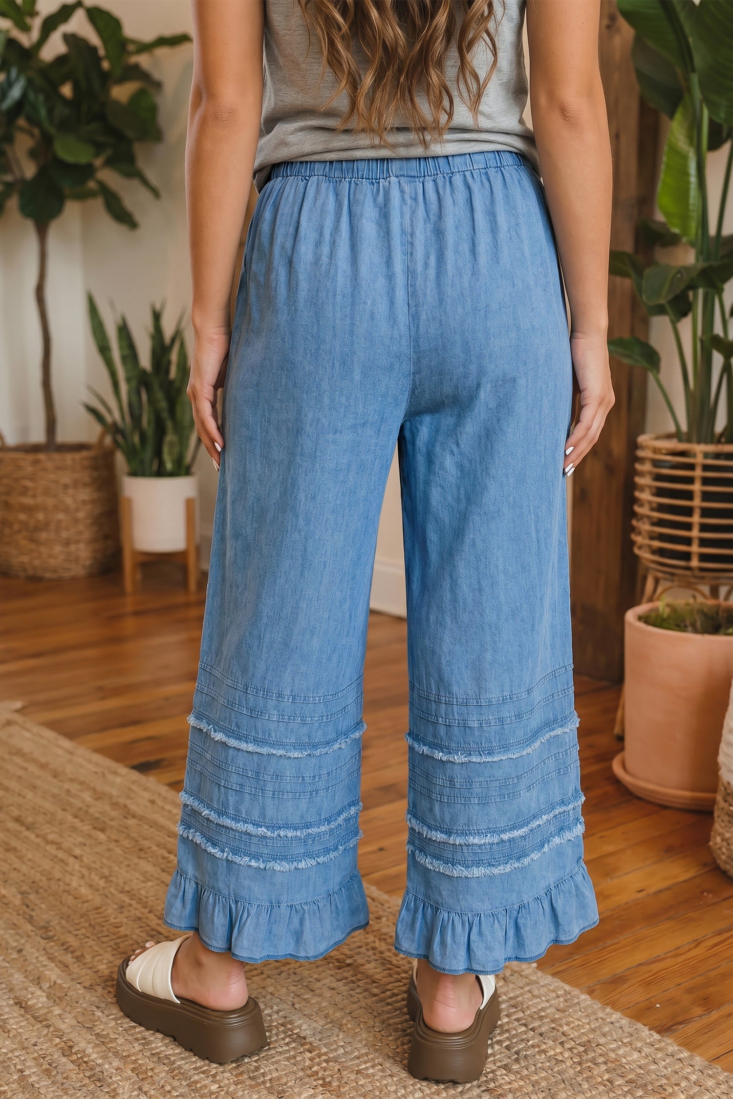 Ruffled Hem Wide Leg Chambray Pants – Dusk Blue