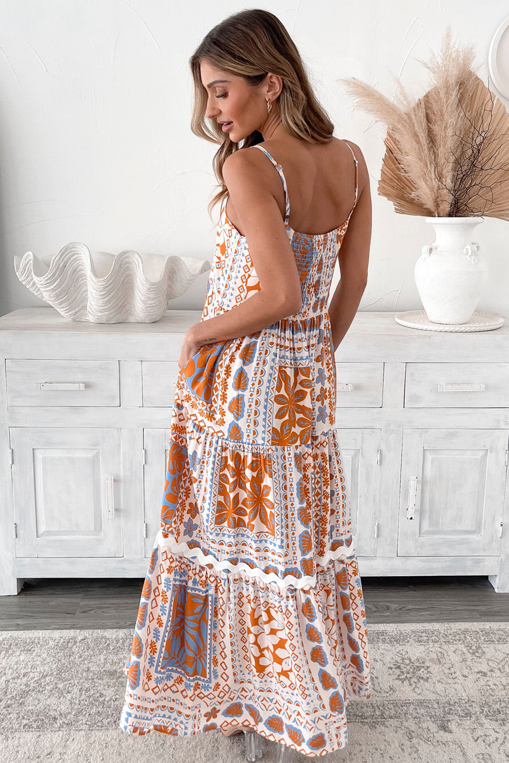 Orange Multi Printed Ricrac Trim Spaghetti Straps Maxi Dress eAura