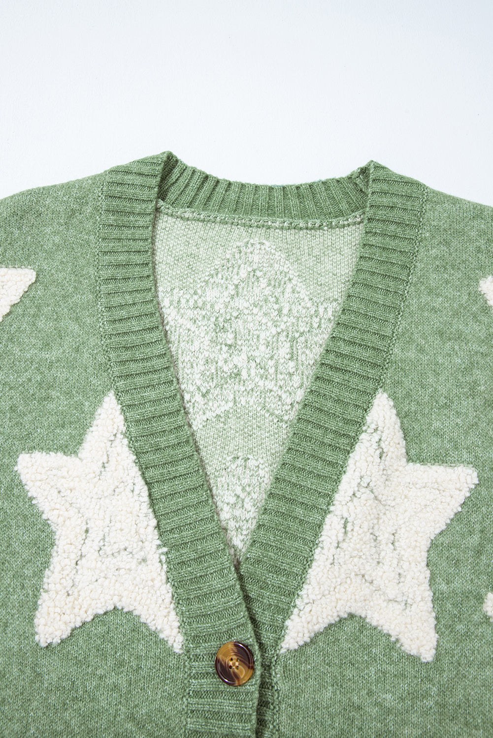 Green Sherpa Star Pattern Textured Sweater Cardigan with Pockets eAura