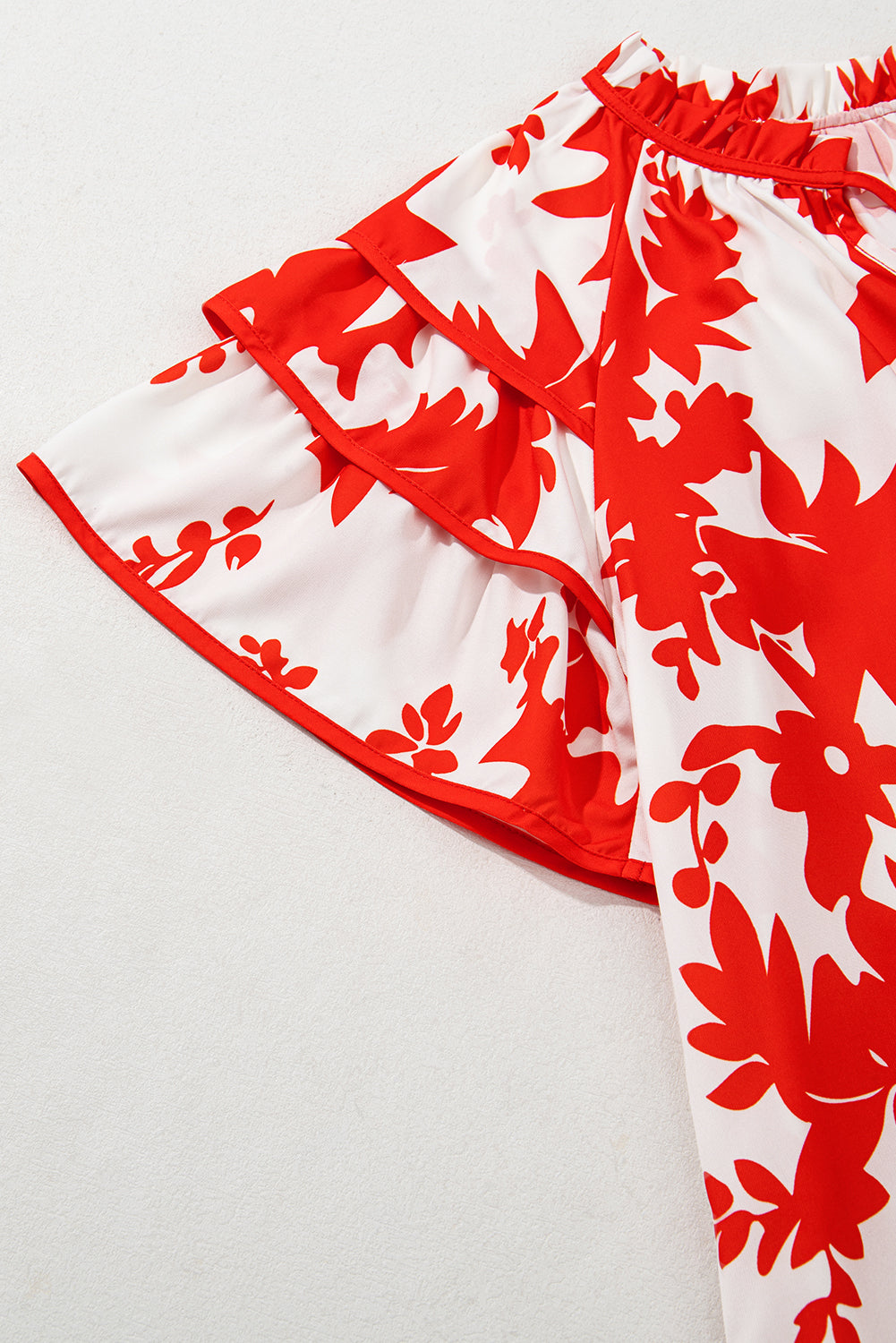 Red Plant Print Tiered Ruffled Sleeve V Neck Blouse eAura