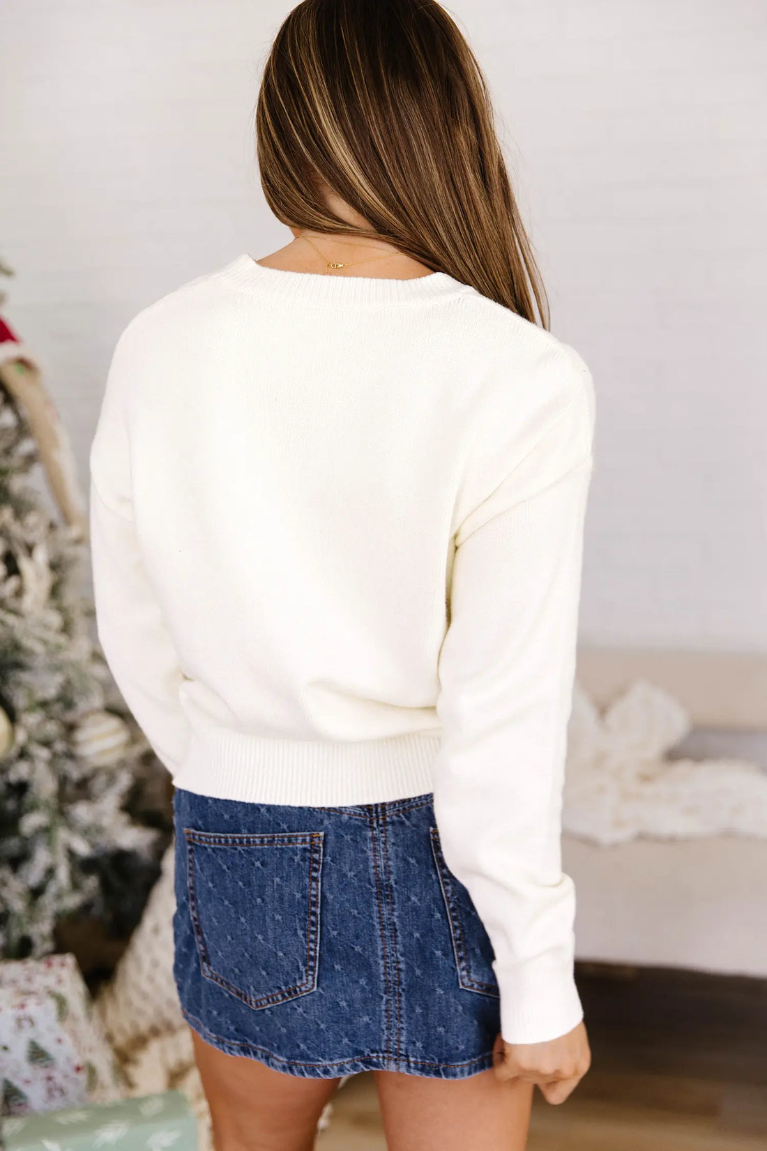 Beige Pixel Snowflake Reindeer Christmas Round Neck Casual Sweater