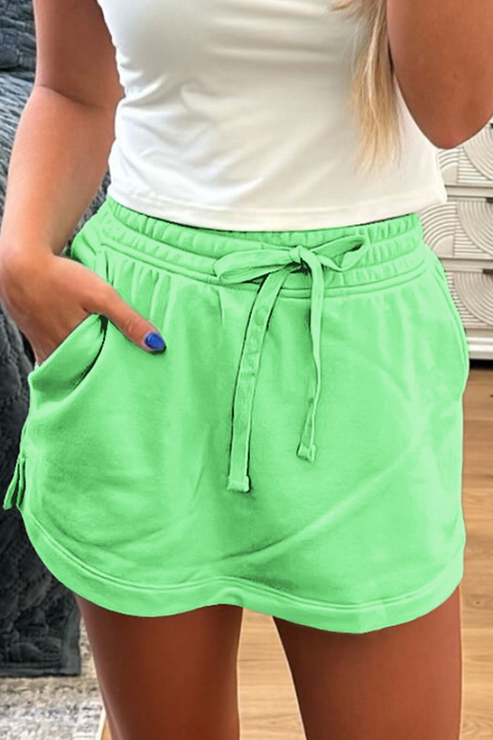 Light Green French Terry Drawstring Mini Skort with Pockets eAura