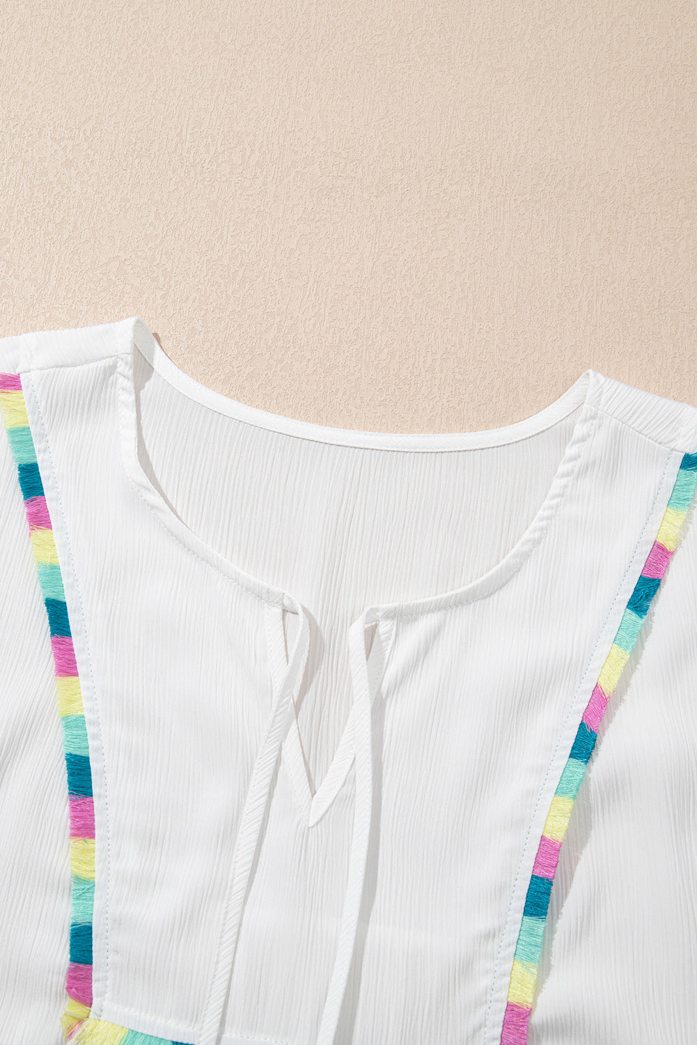 White Colourful Fringed Detail Tassel Tie Neck Short Sleeve Blouse eAura