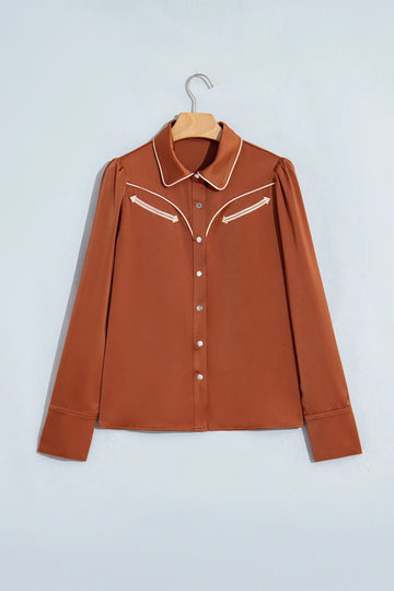 Cinnamon Silky Long Sleeve Button Front Western Fashion Shirt