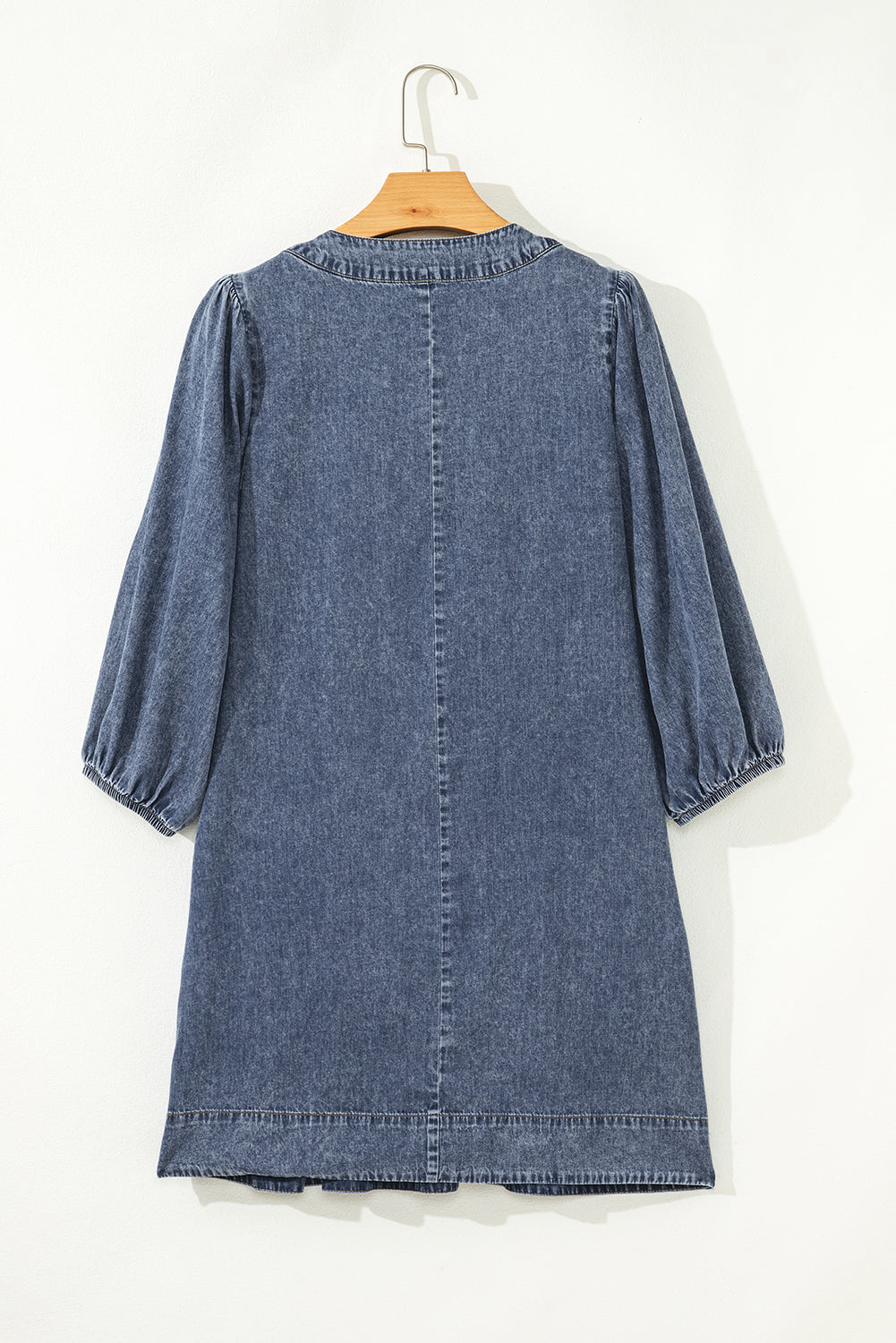 3/4 Sleeve Tied V-Neck Pleated Denim Mini Dress - eAura