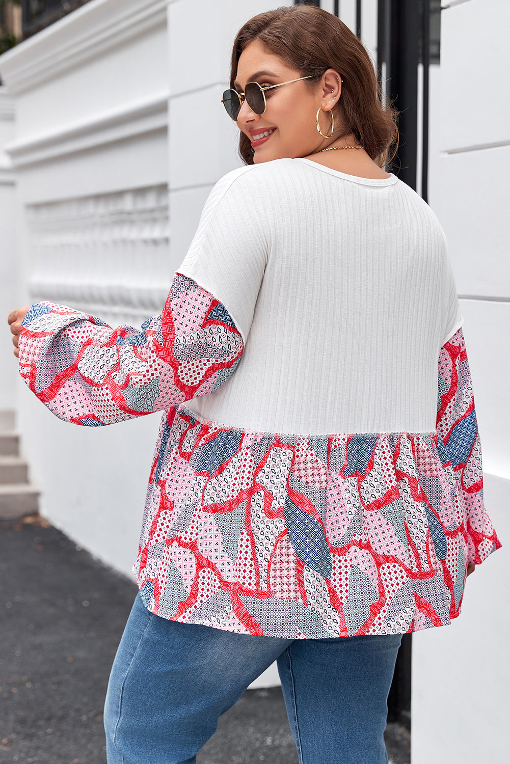 Apricot Plus Size Printed Patchwork Textured Buttoned Blouse Beagle Boutique Fashion Outlet
