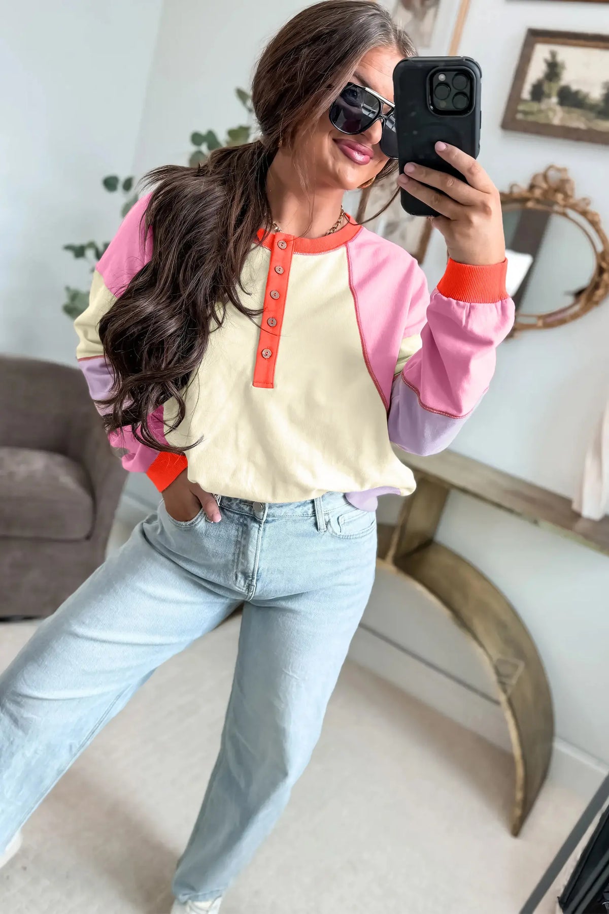 Exposed Seam Colourblock Patchwork Pullover Long Sleeve Top – Multicolour