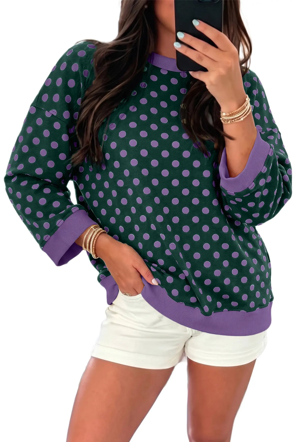 Round Neck Bracelet Sleeve Top - Polka Dot Print