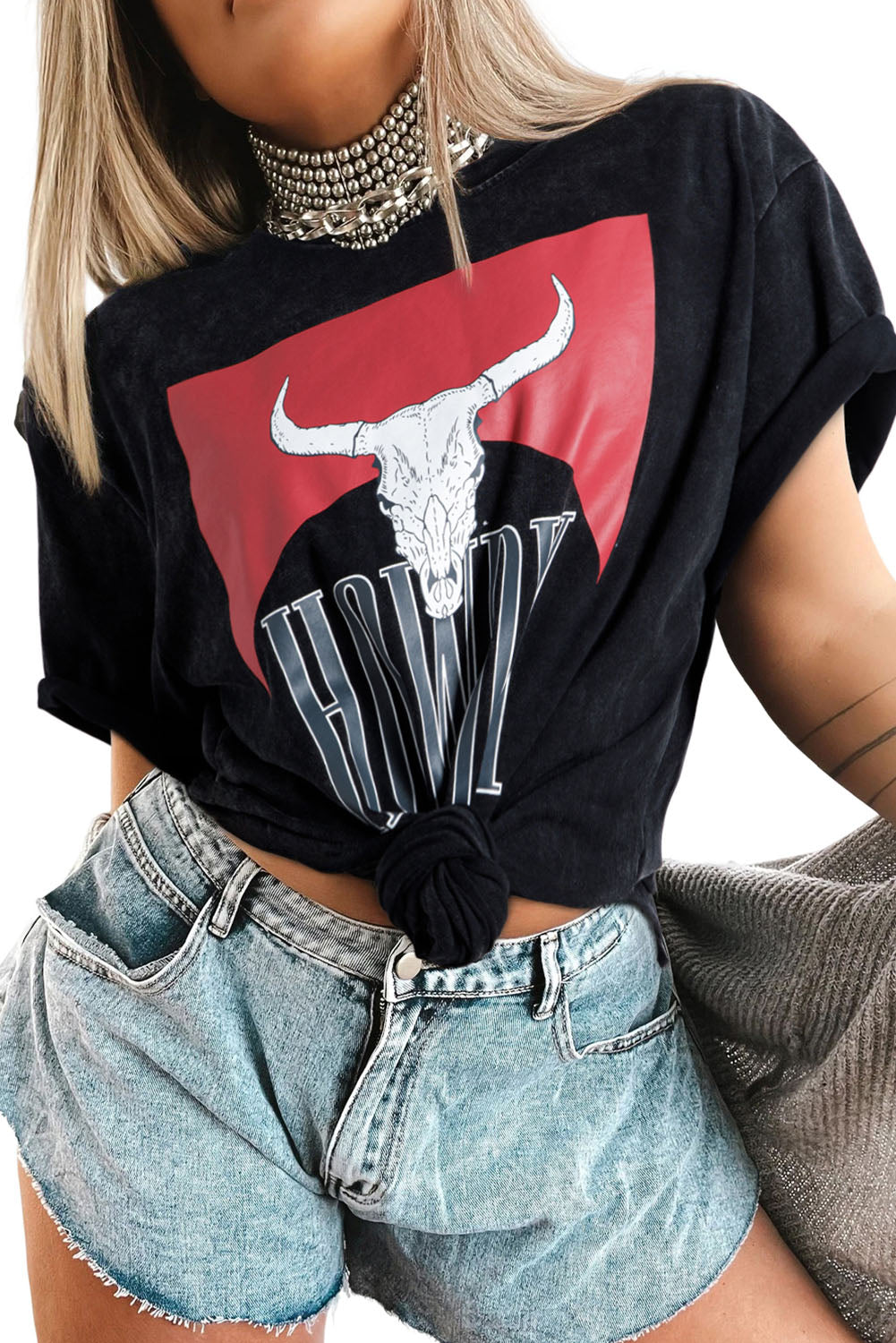 Black Western HOWDY Steer Head Print Side Slits Loose Fit T Shirt eAura