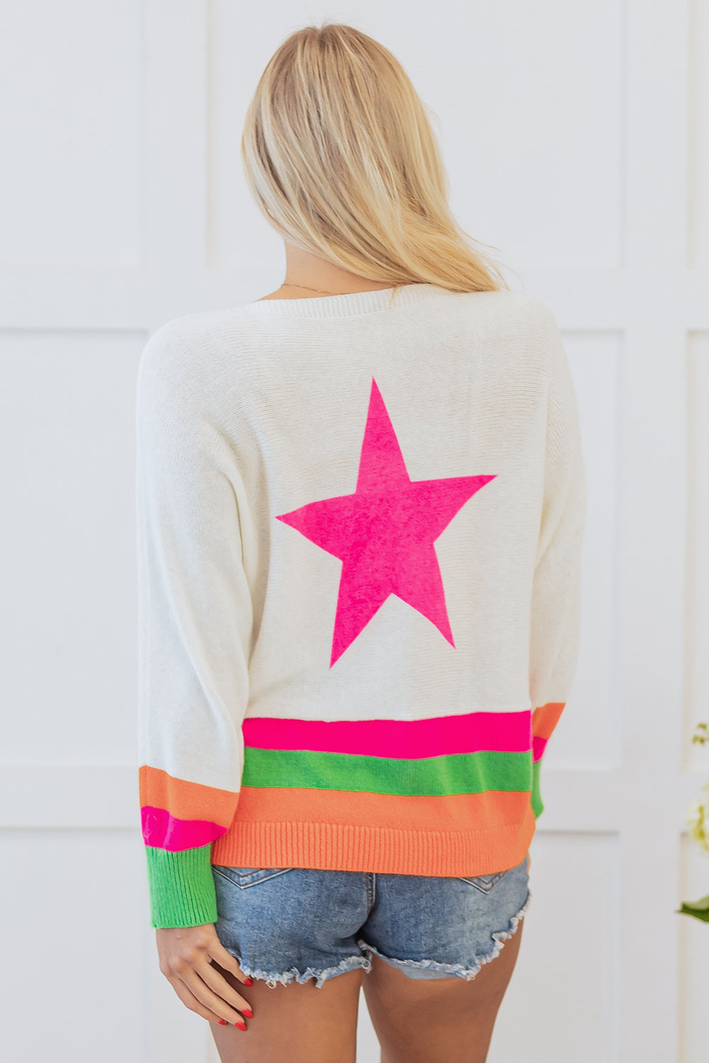 White Star Pattern Colourblock Striped Edge Drop Shoulder Sweater eAura