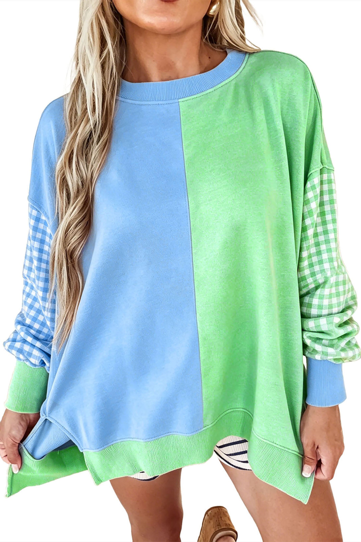 Colorblock Gingham Sleeve Crewneck Sweatshirt – Light Blue
