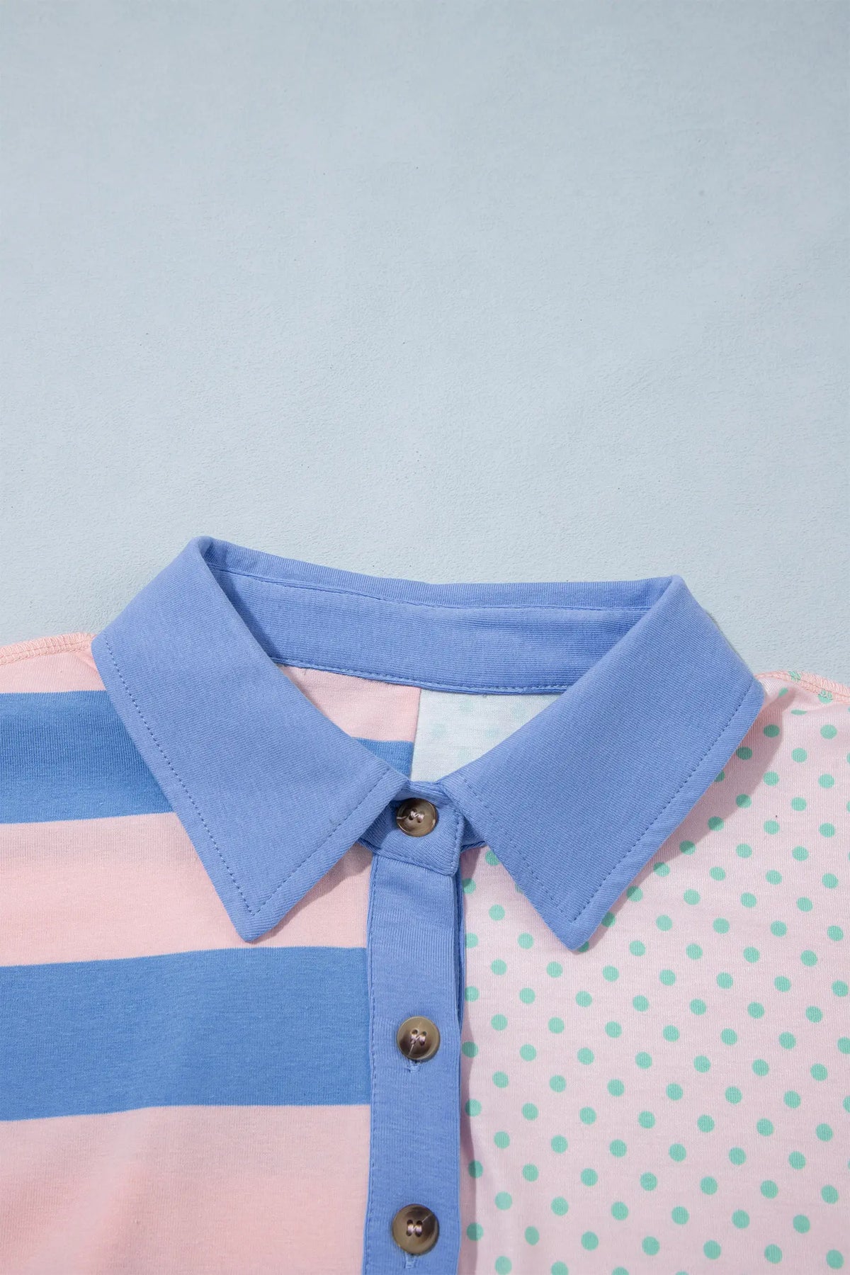 Polo Collar Long Sleeve Top — Patchwork Polka Dot & Stripe