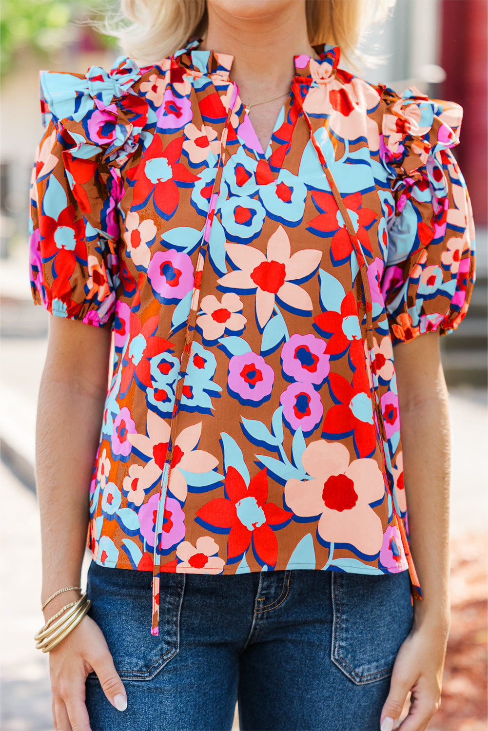 Brown Flower Print Self Tie Frilled Collar Puff Sleeve Blouse eAura