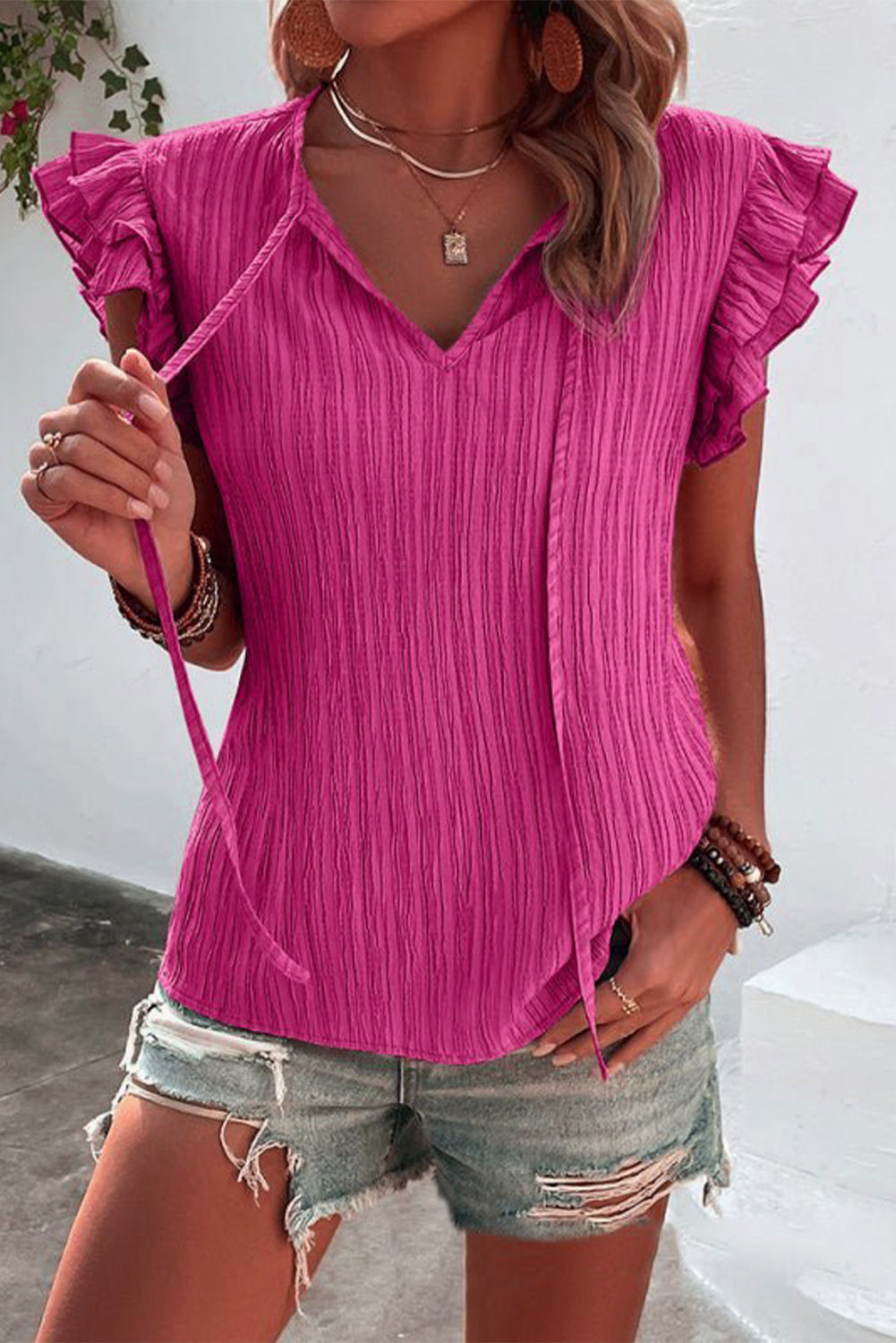 Black Textured Ruffled Sleeve V Neck Top BB Fashion Outlet