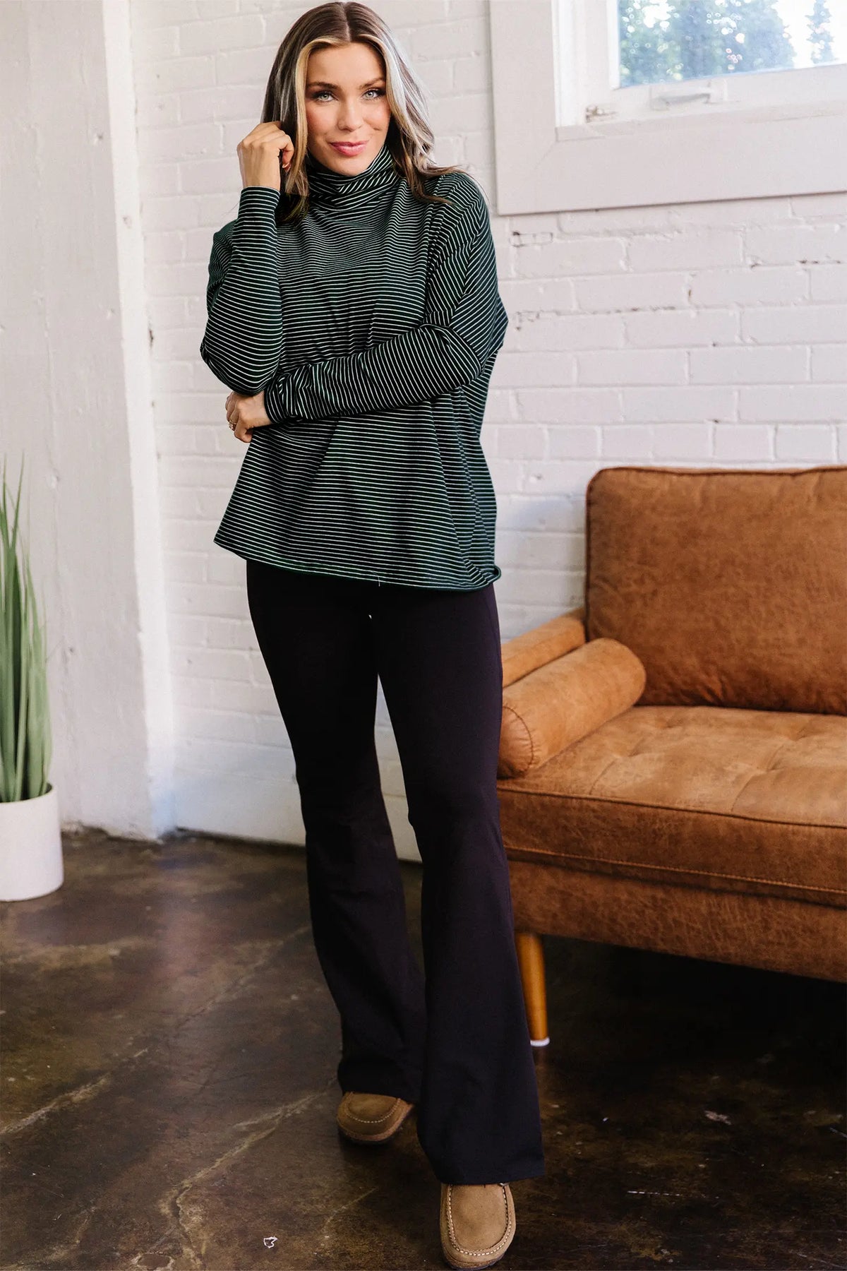High Neck Dropped Shoulder Long Sleeve Casual Top – Green Stripe