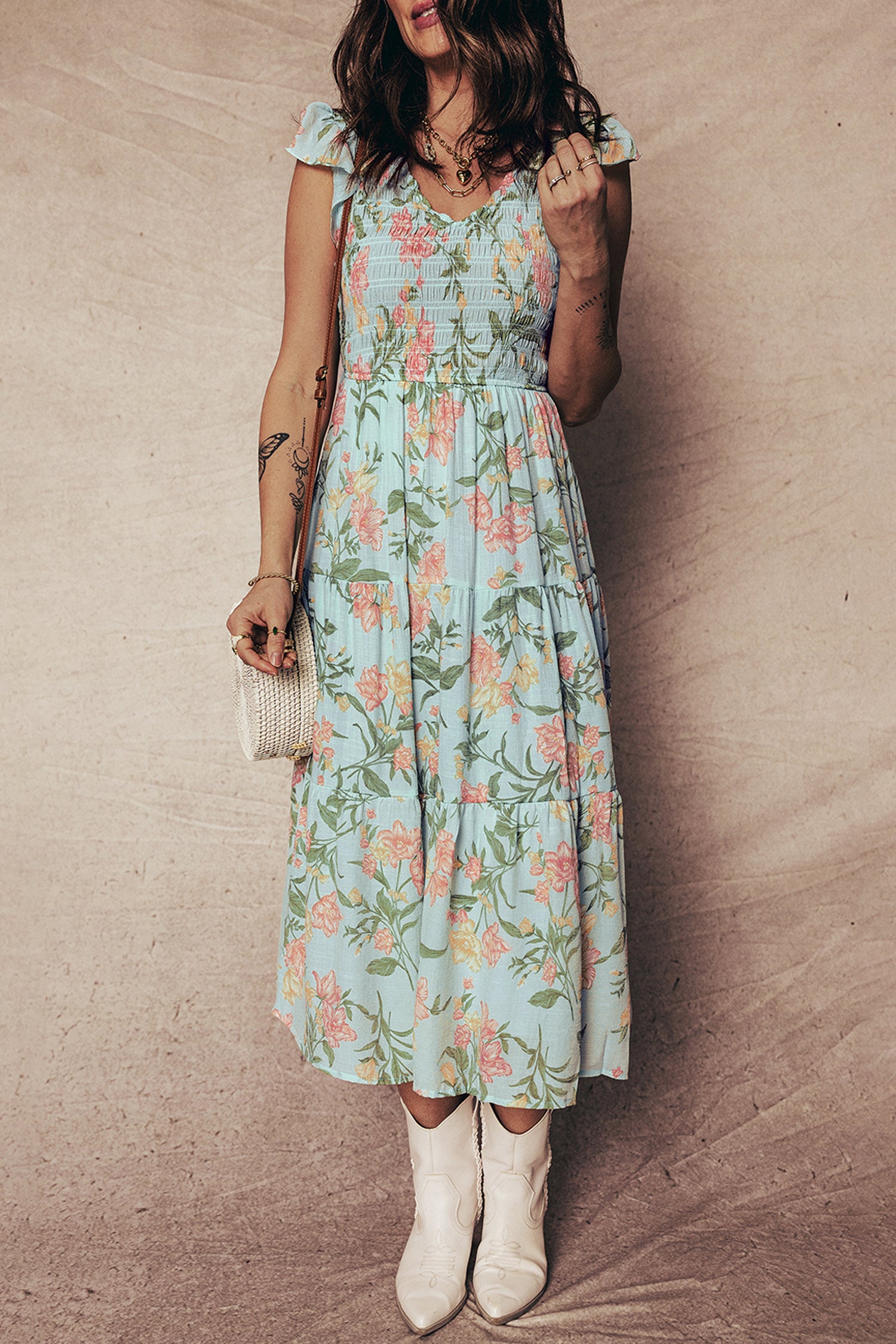Smocked Shirred Bodice Ruffled Sleeveless Tiered Floral Maxi Dress