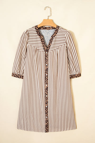 Stripe Square Button Leopard Trim Loose Bracelet Sleeve Shirt Dress