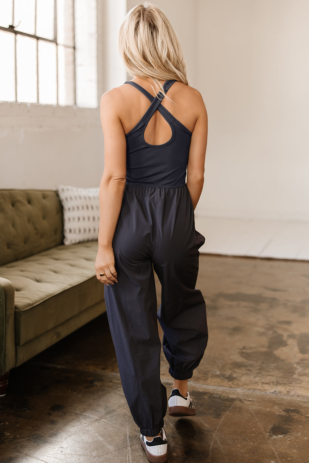 Carbon Grey Back Crossed Straps Hollow Out Jogger Jumpsuit eAura