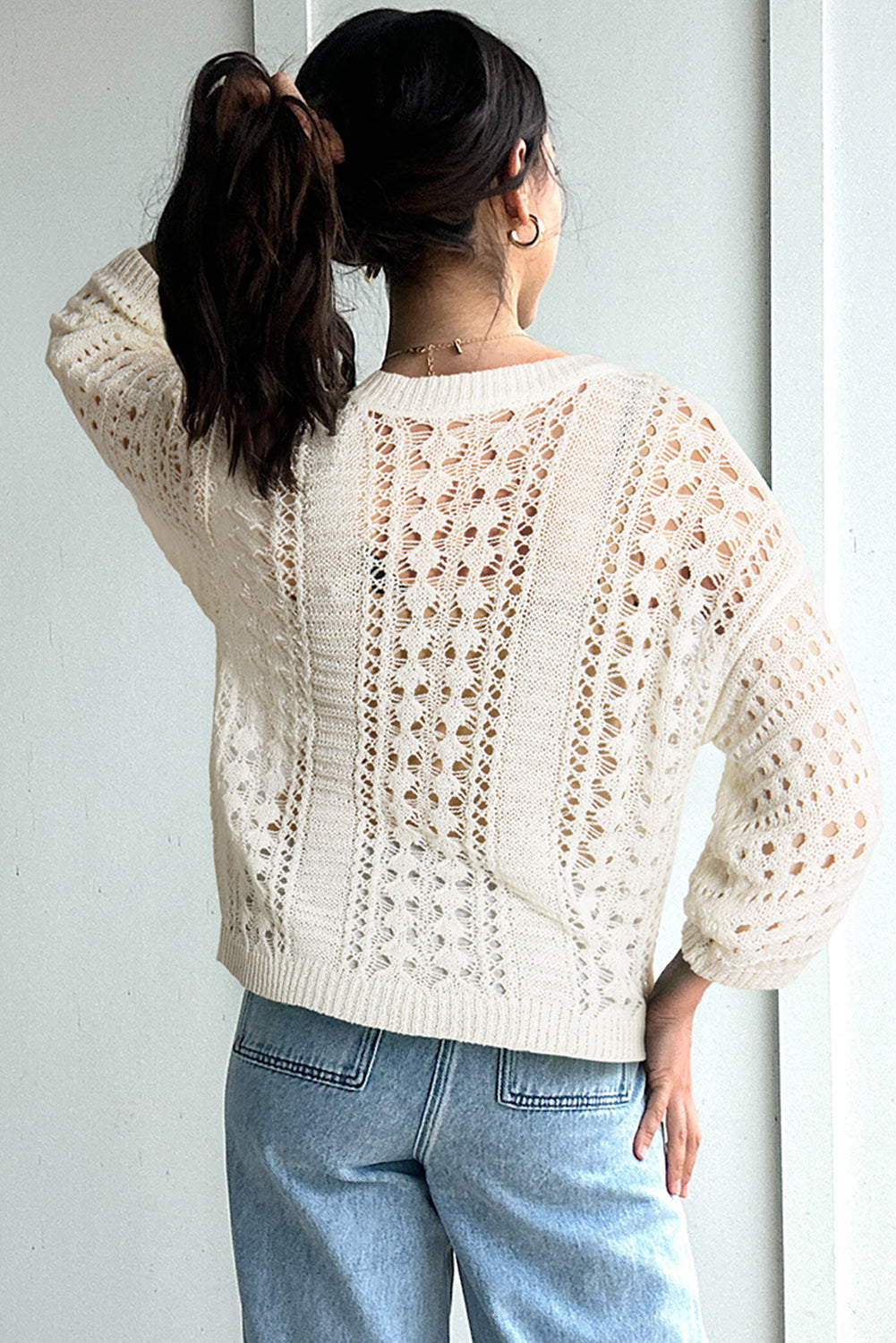 White Hollow Out Knit Bracelet Sleeve Drop Shoulder Sweater eAura
