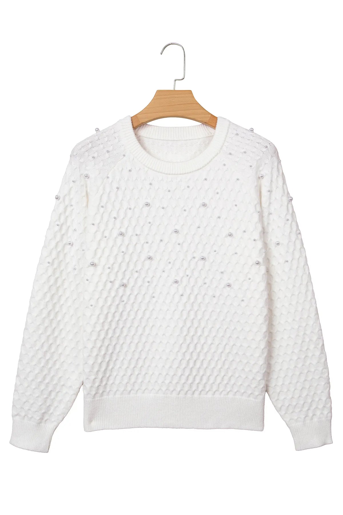 Solid Textured Knit Pearl Embellished Pullover Sweater – White