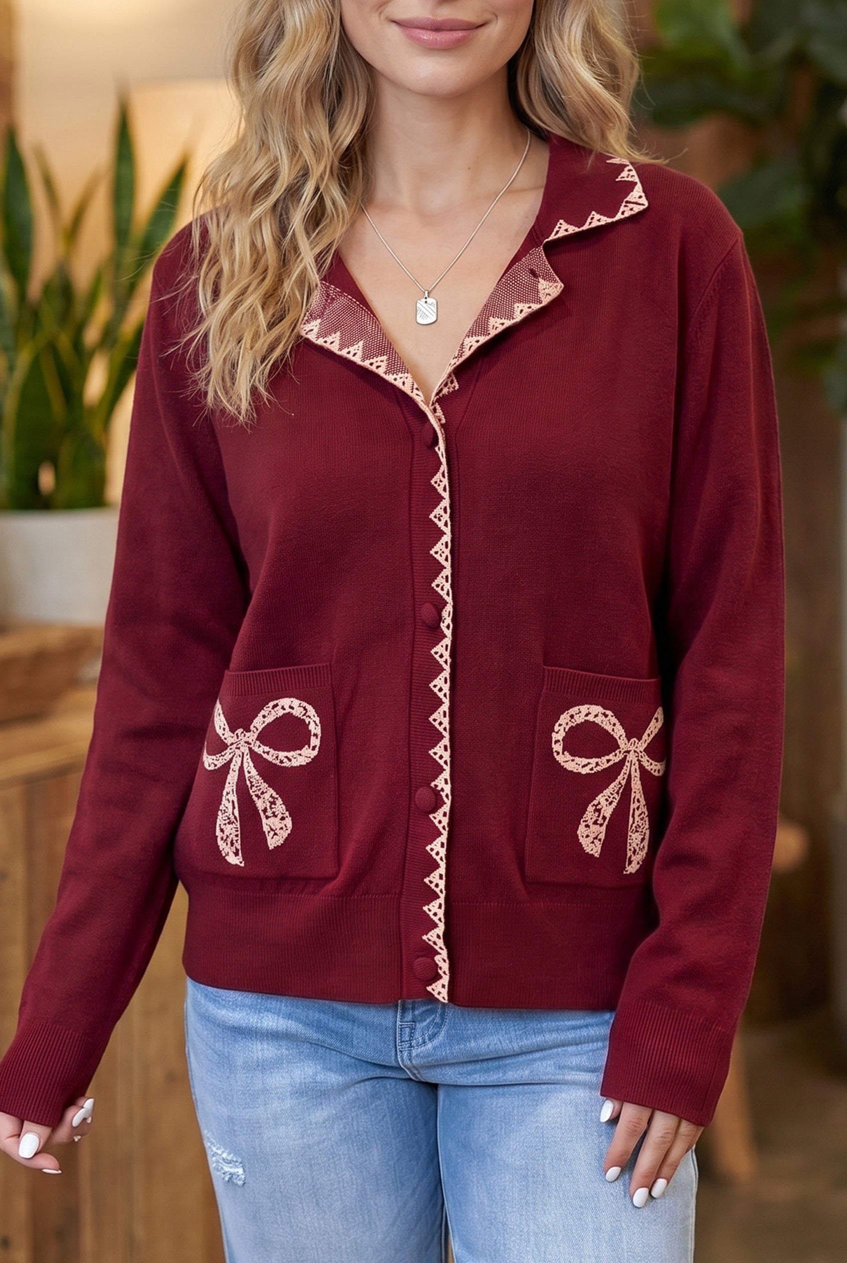 Bow Pocket Collar Long Sleeve Knit Cardigan – Burgundy