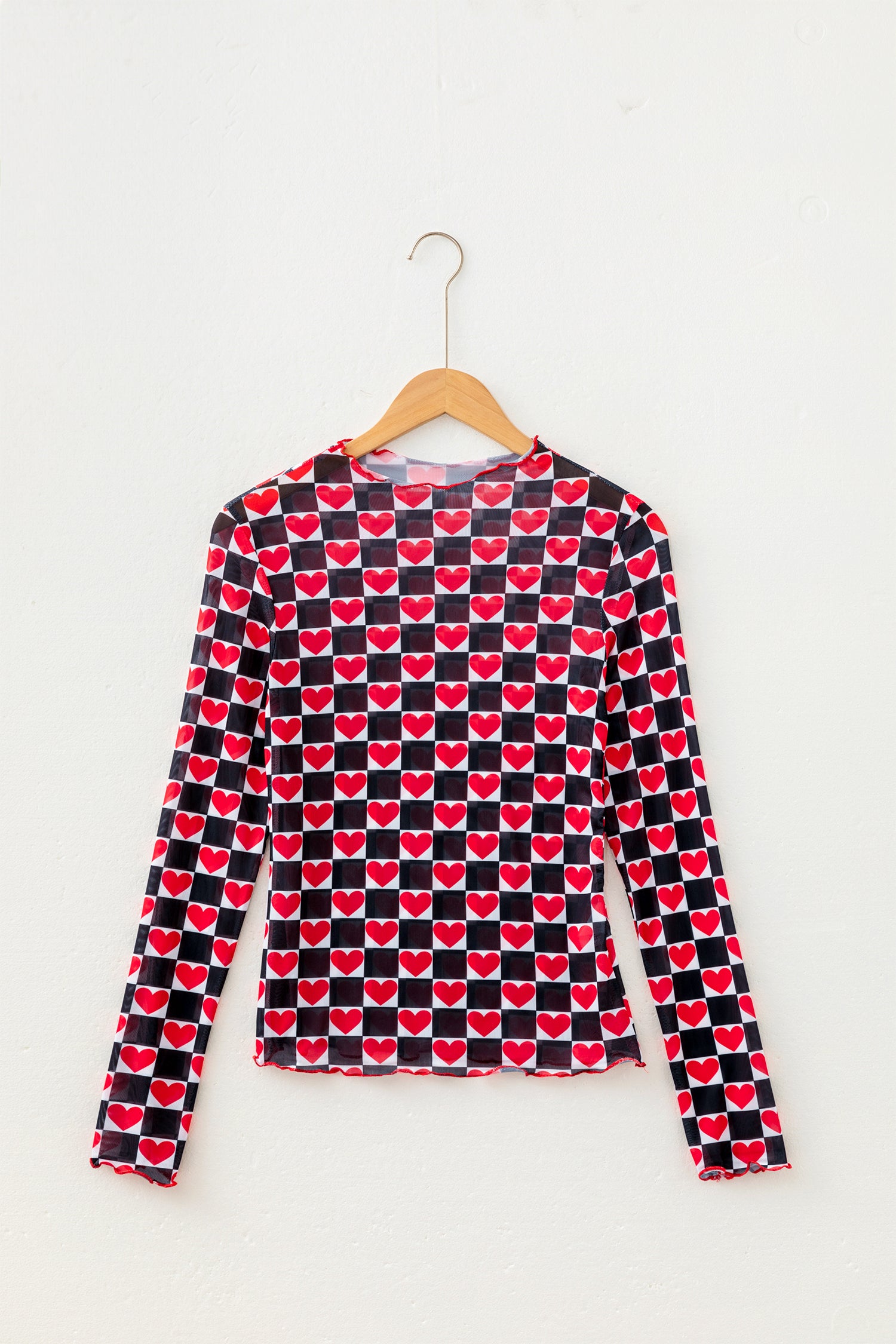 Plaid Heart Mesh Sheer Long Sleeve High Neck Blouse – Black