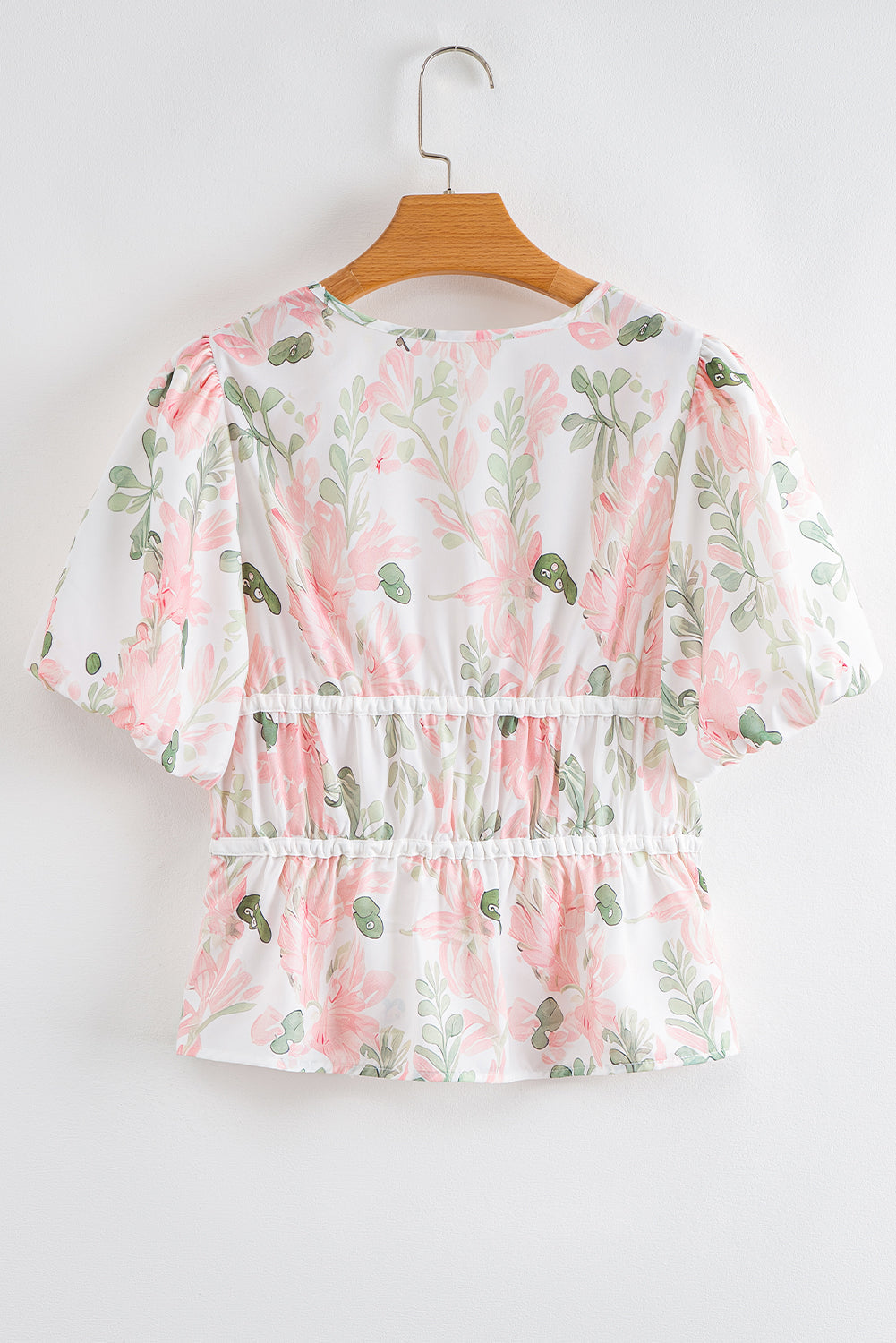 Pink Floral Puff Sleeve V Neck Tied Front Peplum Blouse eAura