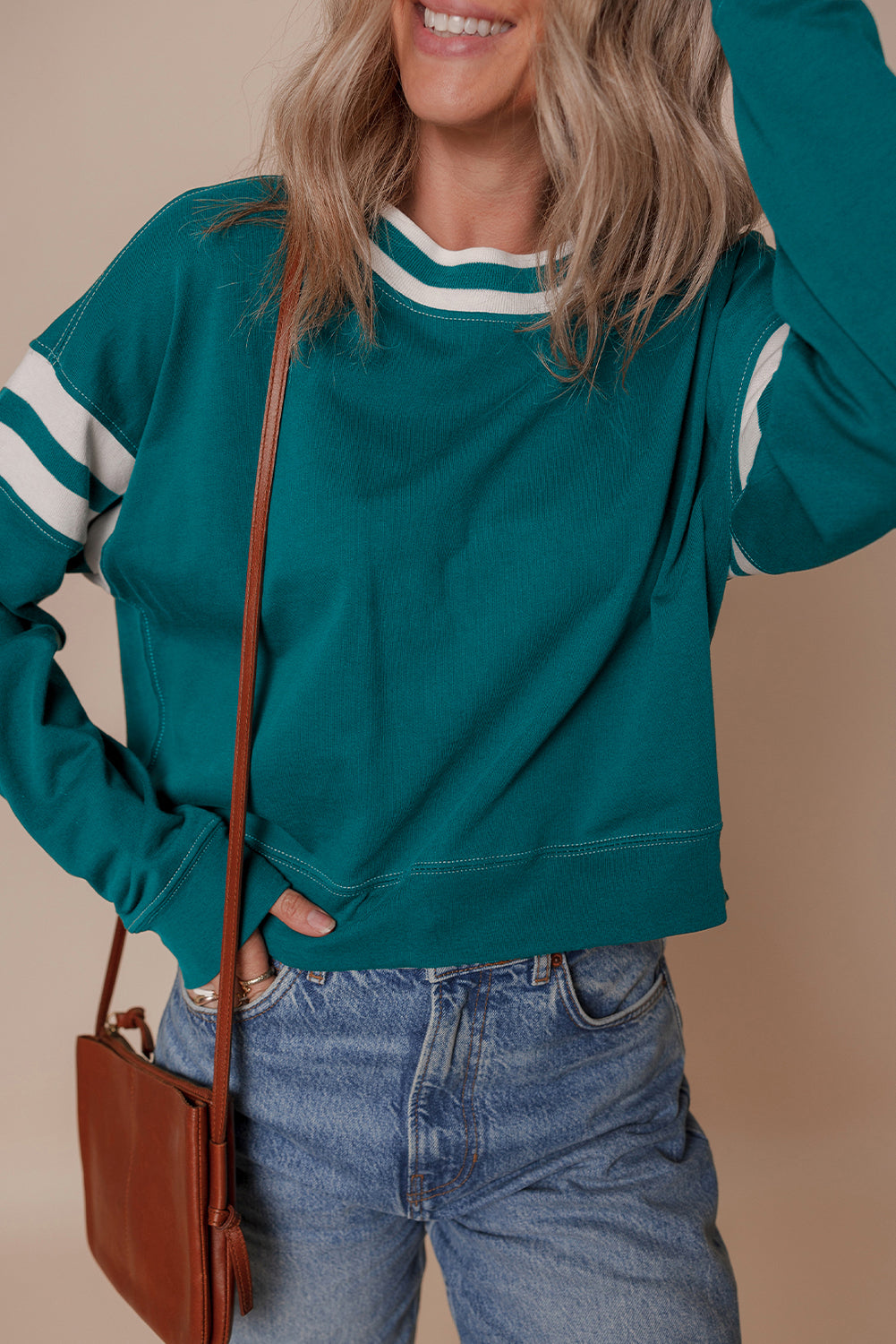 Green Contrast Striped Patchwork Round Neck Drop Shoulder Sweatshirt - eAura