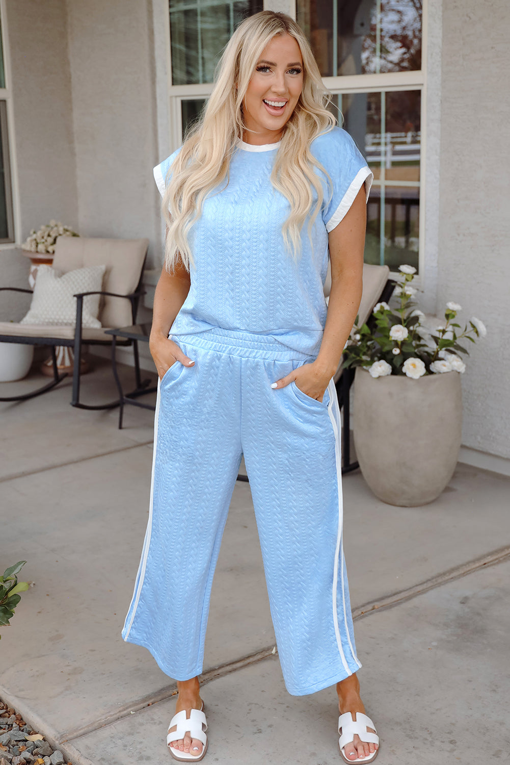 Beau Blue Textured Colourblock Edge Tank Top High Waist Trousers Set eAura