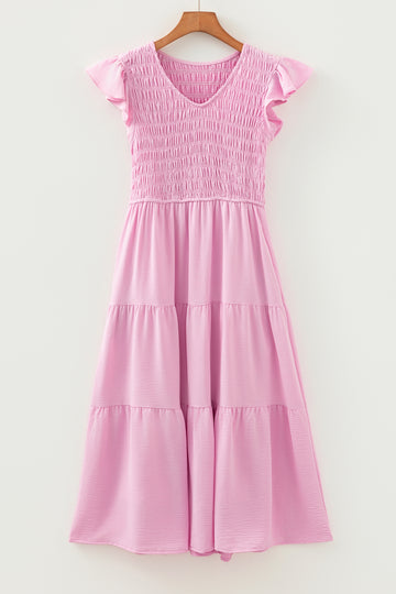 Pink Smocked Bodice Flutter Sleeve Fit Flare Tiered Midi Dress