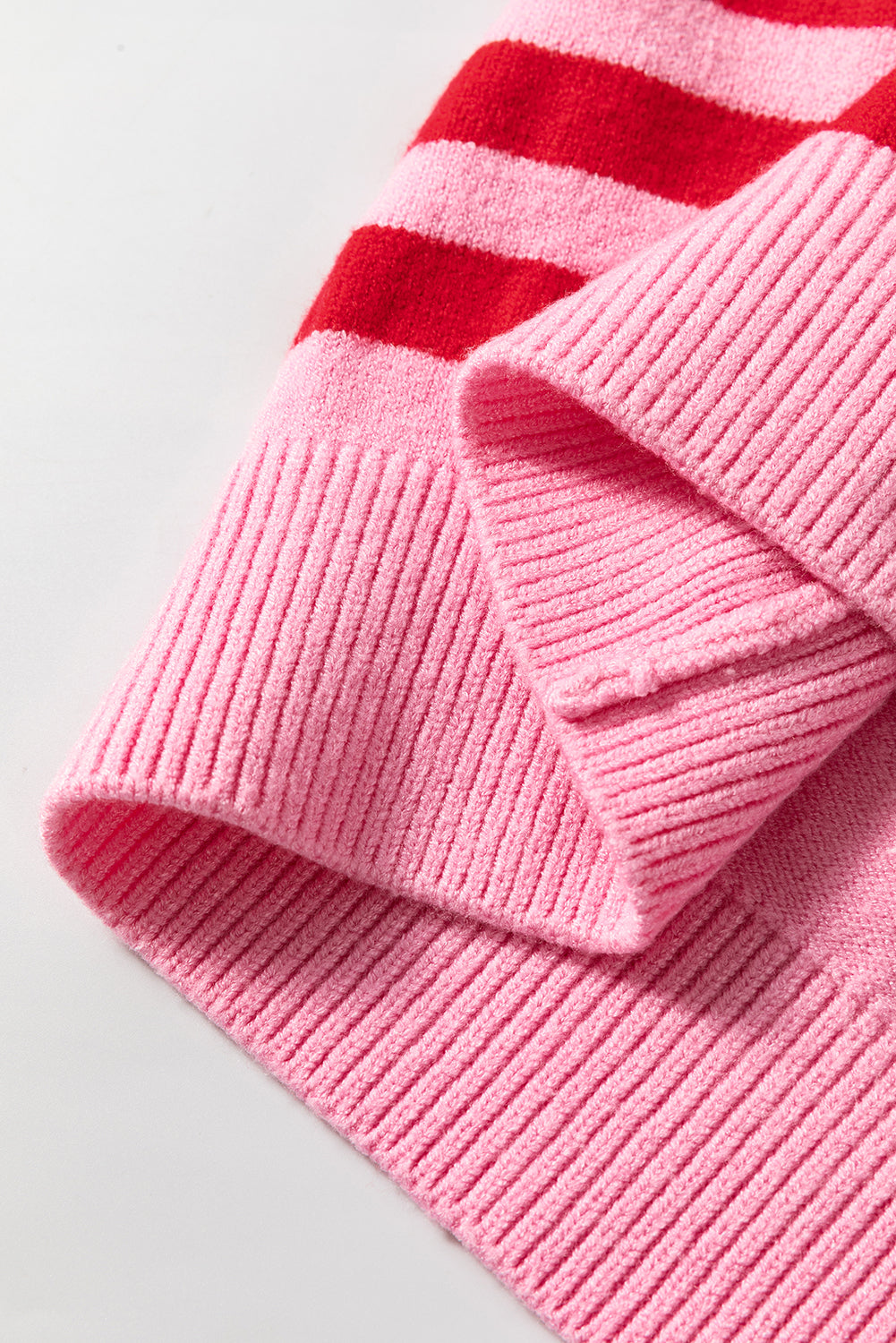 Pink Stripe Bubble Sleeve Drop Shoulder Ribbed Trim Sweater eAura