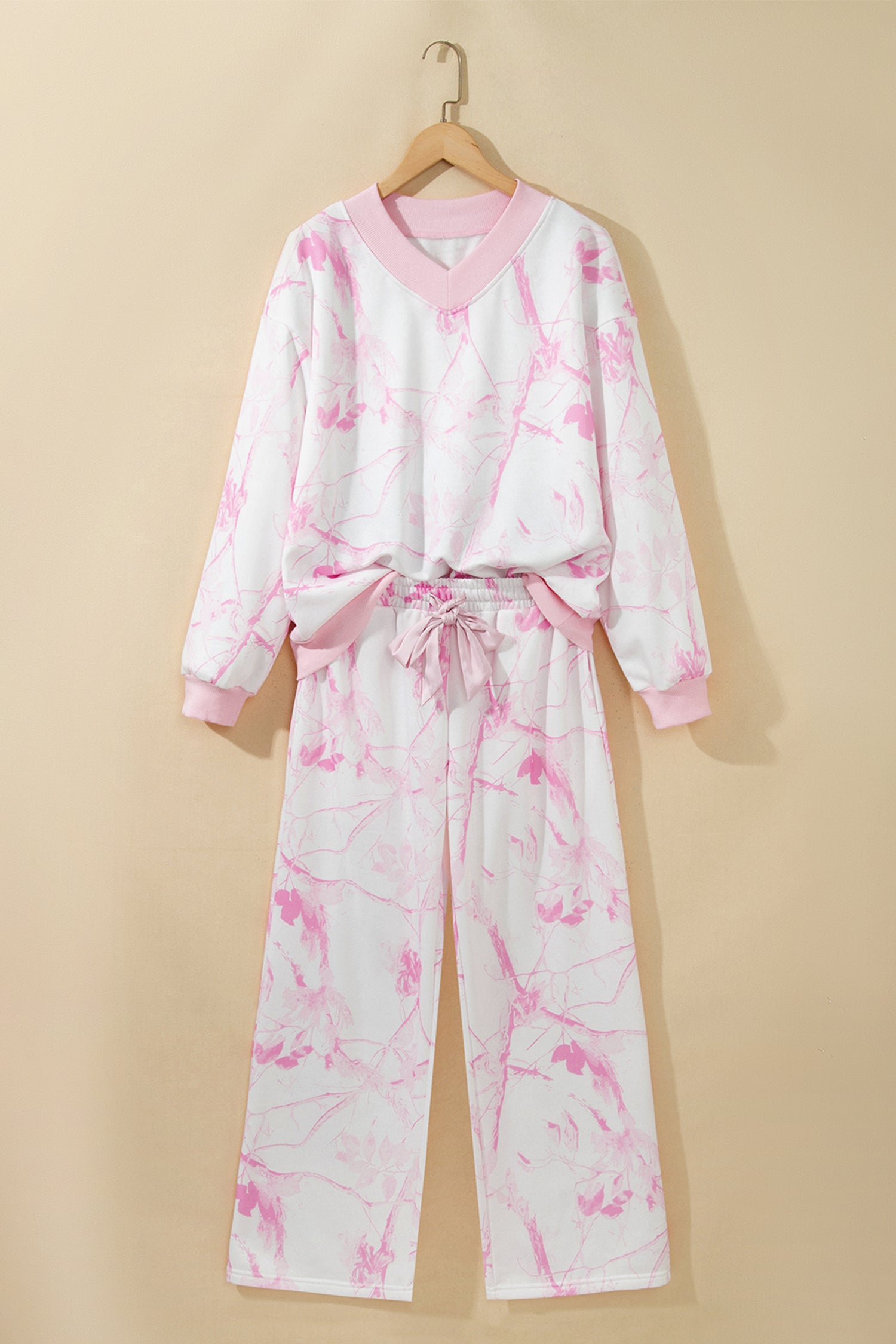 Abstract Plant Print Long Sleeve V Neck Pant Set – Pink