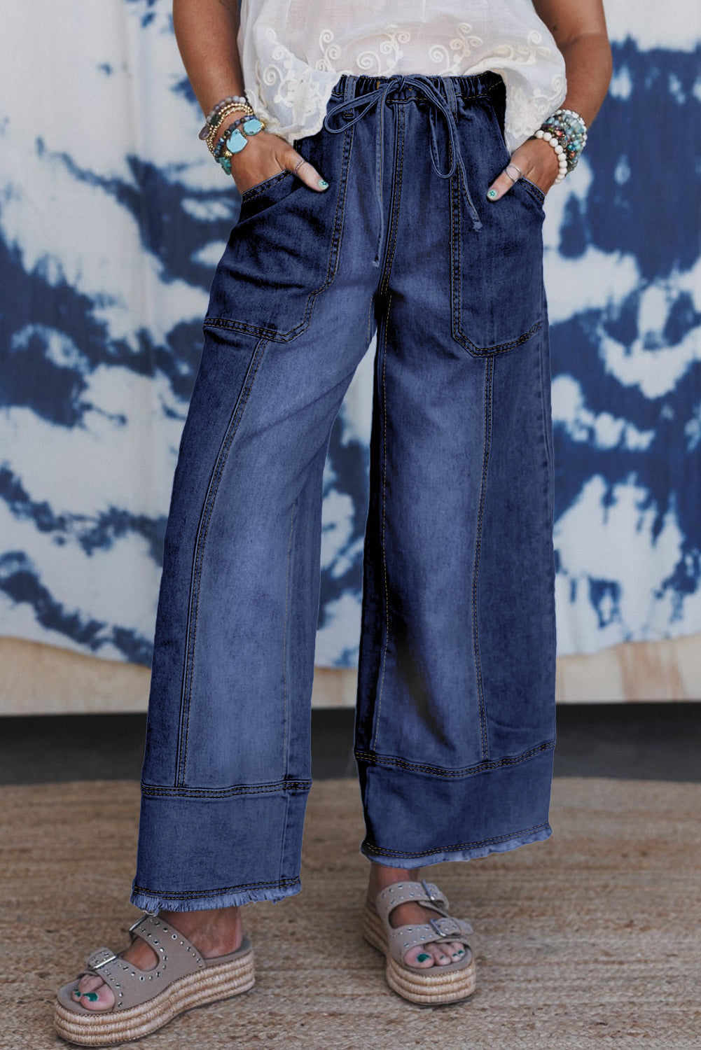 Drawstring Seam Detail Raw Hem Wide Leg Denim Jeans Dear-Lover Dropshipping