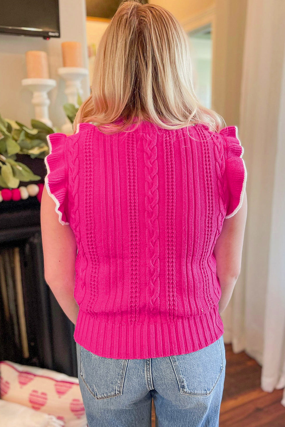 Strawberry Pink Textured Knit Ruffled Mock Neck Sweater Tank eAura