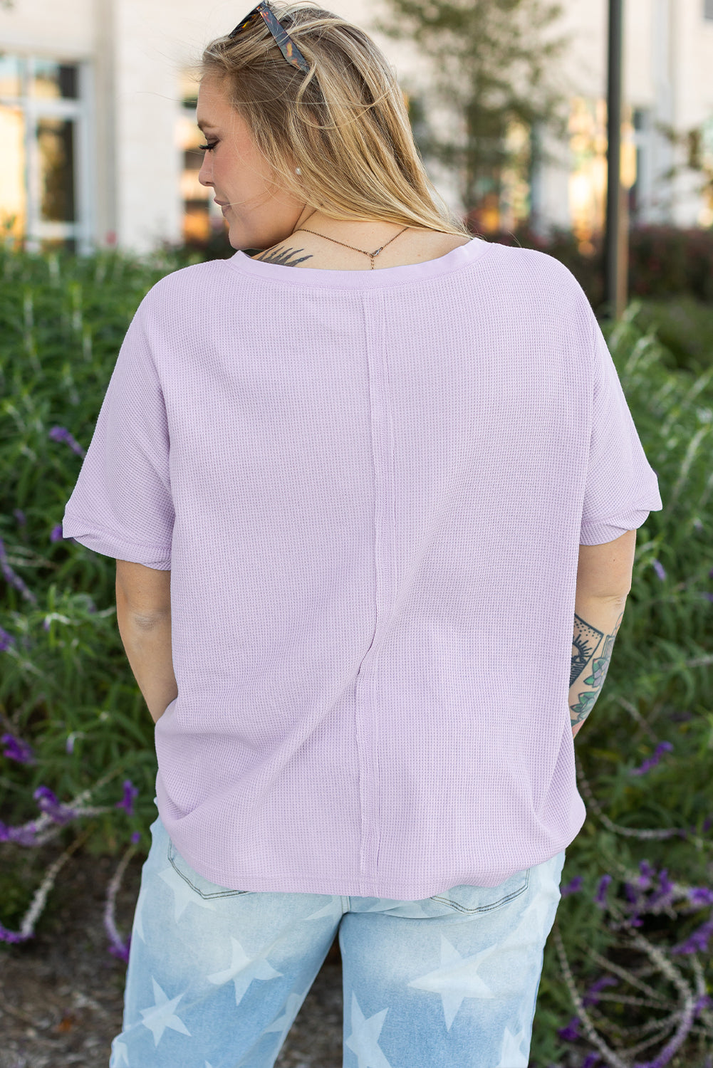 Orchid Petal Waffle Knit Short Sleeve Patched Pocket Plus Size Top BB Fashion Outlet