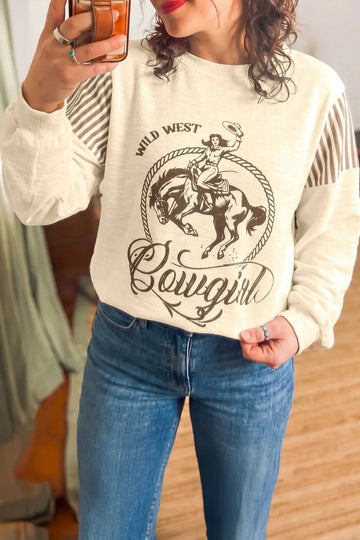 Jet Stream Western Print Striped Detail Long Sleeve Casual Top – Cream