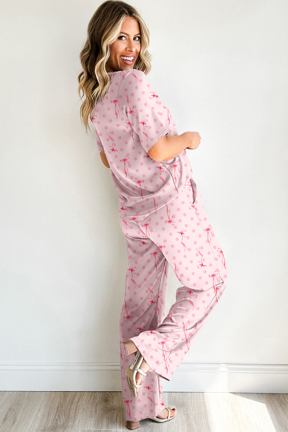 Pink Bow Knot Polka Dot Print Short Sleeve Top Lounge Set eAura
