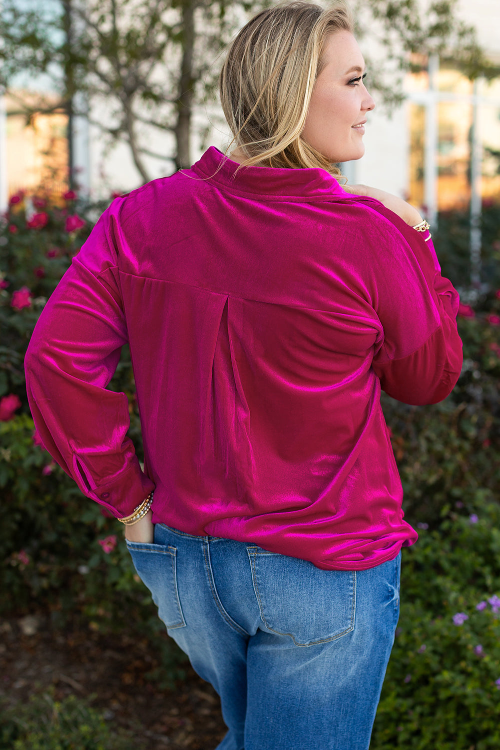 Bright Pink Plus Size Velvet Chest Pocket Drop Shoulder Shirt Beagle Boutique Fashion Outlet